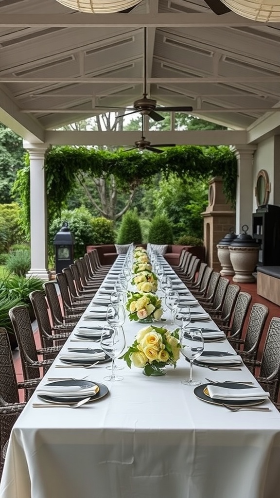 A long dining table set with flowers and elegant tableware under a covered patio.
