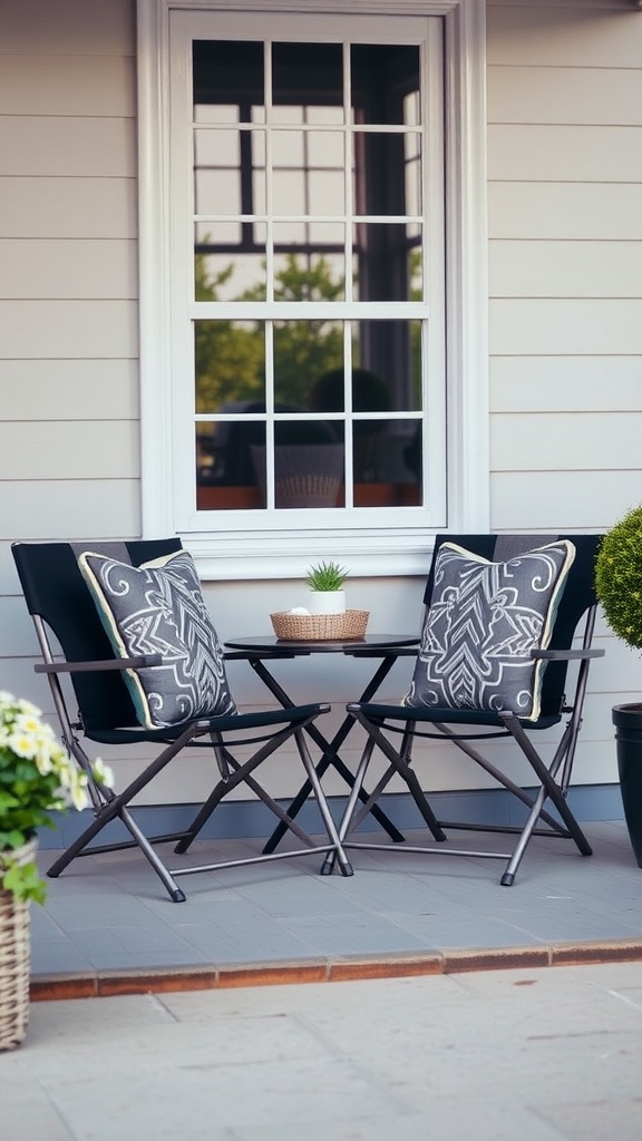 Two stylish folding chairs with cushions and a small table on a front porch