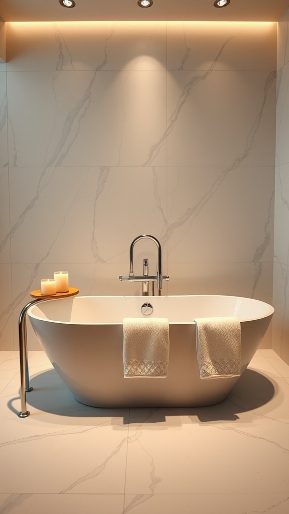 A sleek, modern freestanding bathtub with soft towels and candles in a stylish bathroom setting.