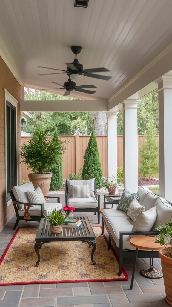 Stylish covered patio with comfortable seating and plants