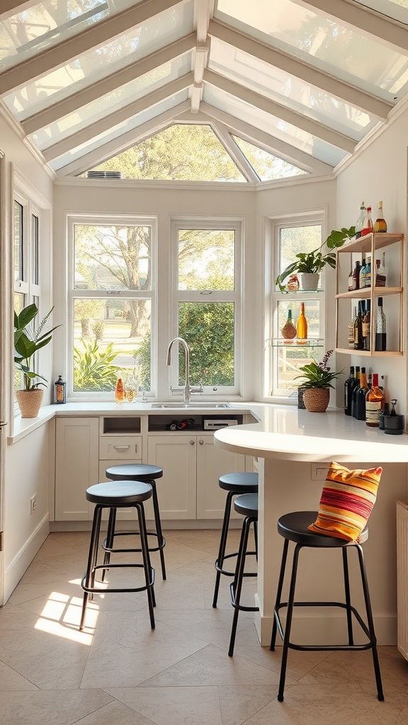 Stylish indoor bar in a sunroom with large windows and bright decor