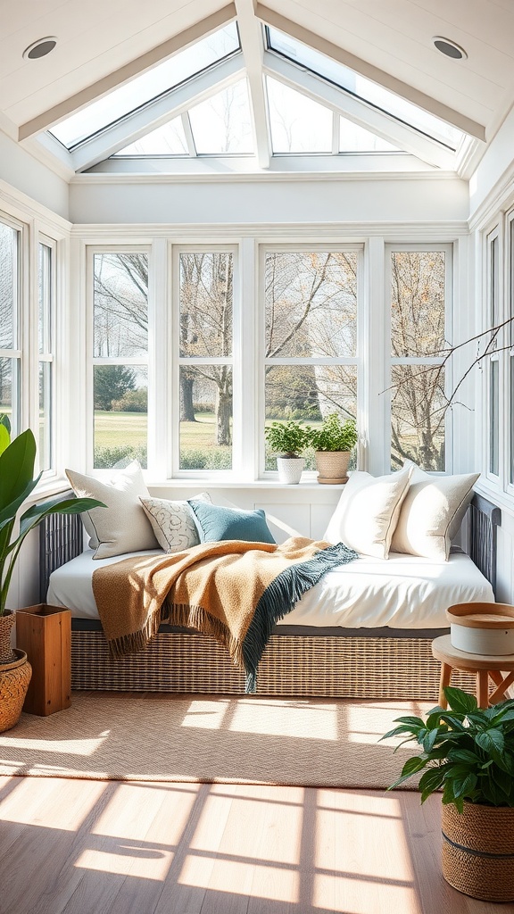 A stylish indoor daybed in a sunroom with large windows, decorated with pillows and a throw.