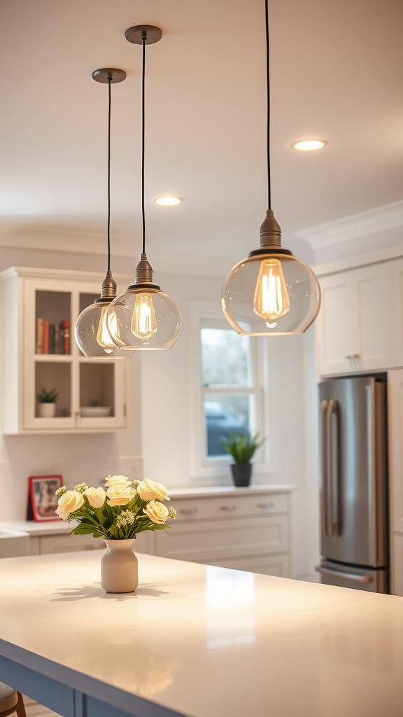 Stylish lighting fixtures in a cozy white kitchen