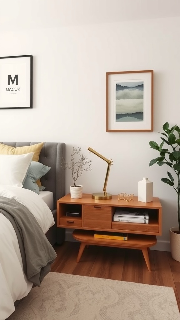 A cozy modern bedroom featuring a stylish wooden nightstand with a lamp and plant.