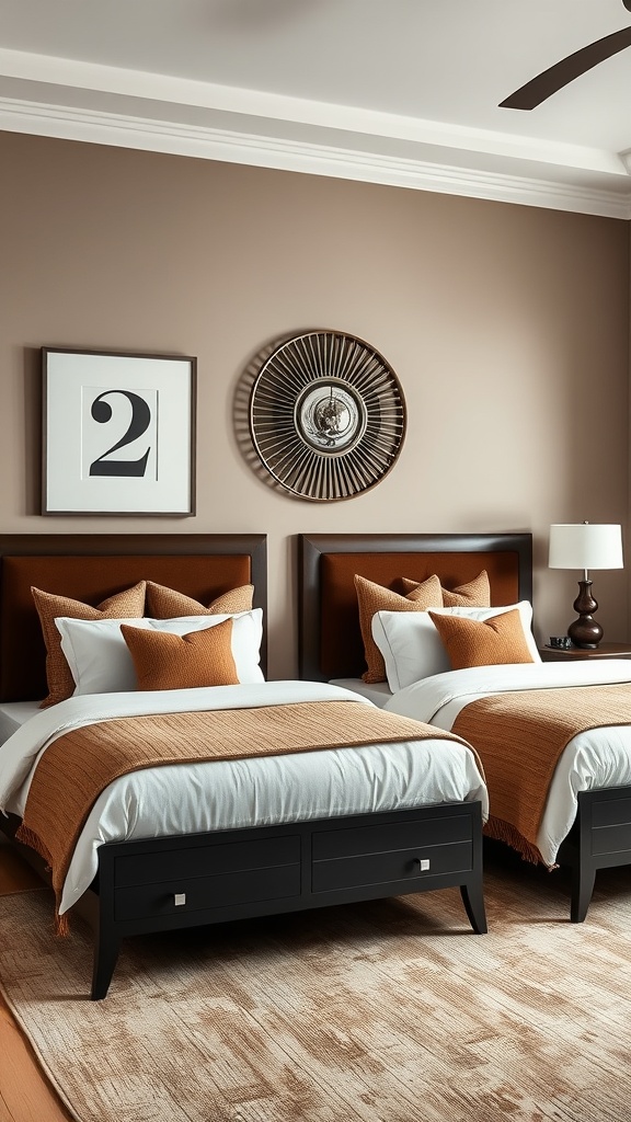 A cozy bedroom featuring two beds with dark nightstands, warm orange accents, and a neutral wall color.