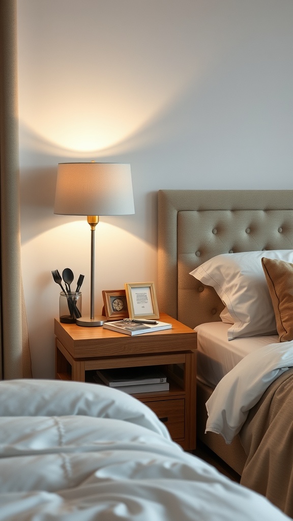Stylish wooden nightstand with a lamp and personal items in a cozy bedroom setting