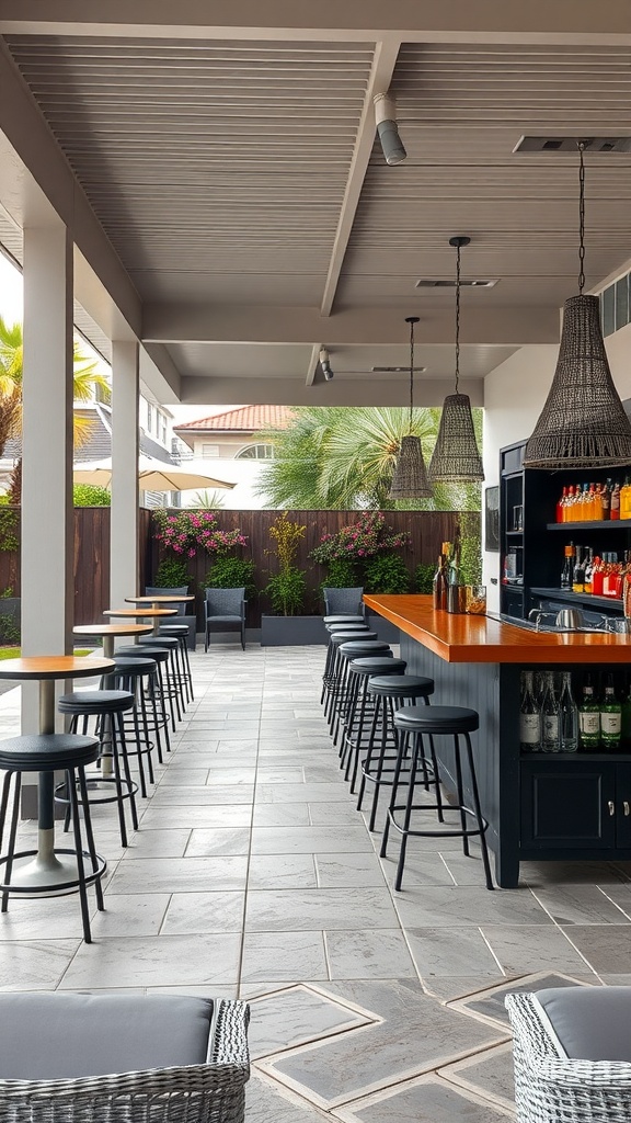 Stylish outdoor bar area with seating and decorative elements.