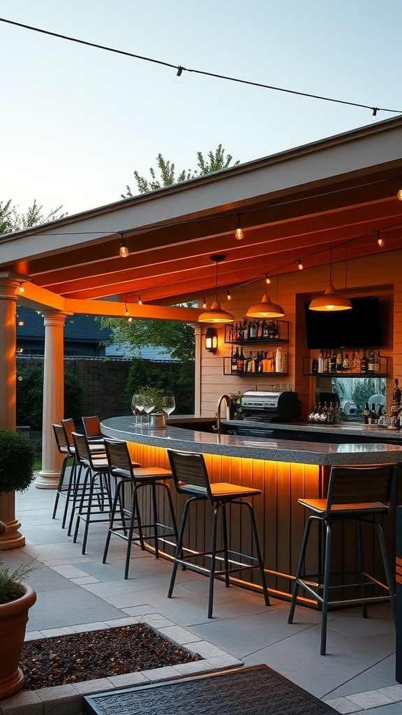 Stylish outdoor bar setup with a sleek countertop, bar stools, and warm lighting.