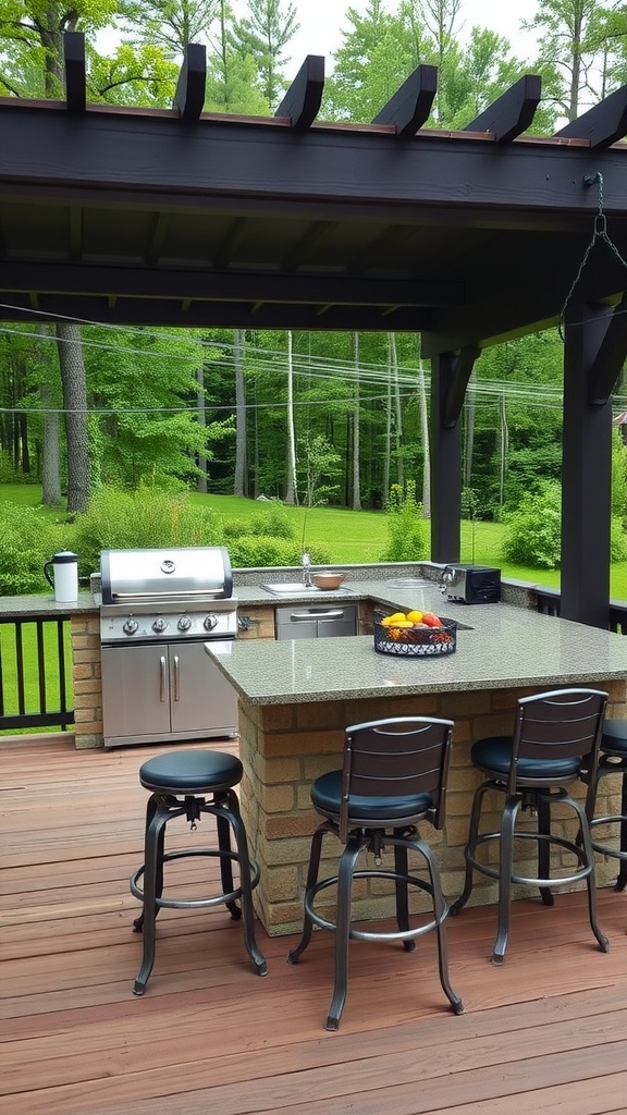 Stylish outdoor kitchen setup with grill and seating on a patio