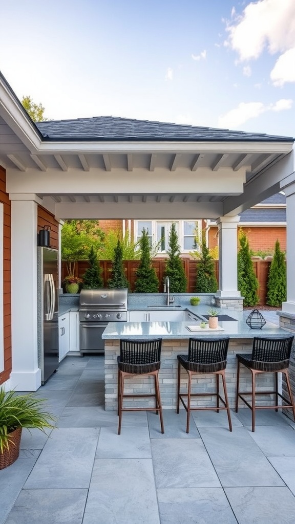 Stylish outdoor kitchen with stone countertops and bar stools under a covered patio.