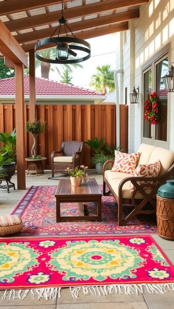 A stylish outdoor patio featuring a colorful rug, comfortable seating, and decorative plants.