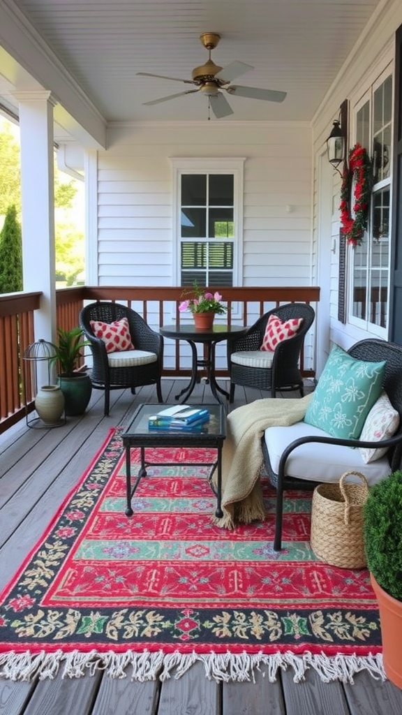 A stylish outdoor patio featuring a colorful rug, table and chairs, and decorative pillows.