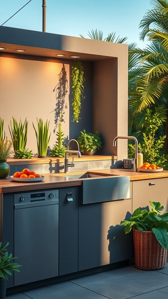 A stylish outdoor kitchen sink with a modern design, surrounded by plants and natural elements.