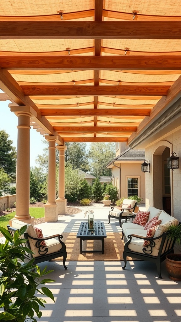 A stylish pergola with wooden beams and a shaded canopy, featuring comfortable seating and a coffee table in a backyard setting.