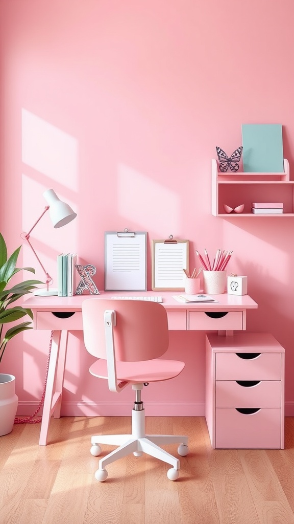 A stylish pink workspace featuring a pink desk, chair, and decorative items on the wall.