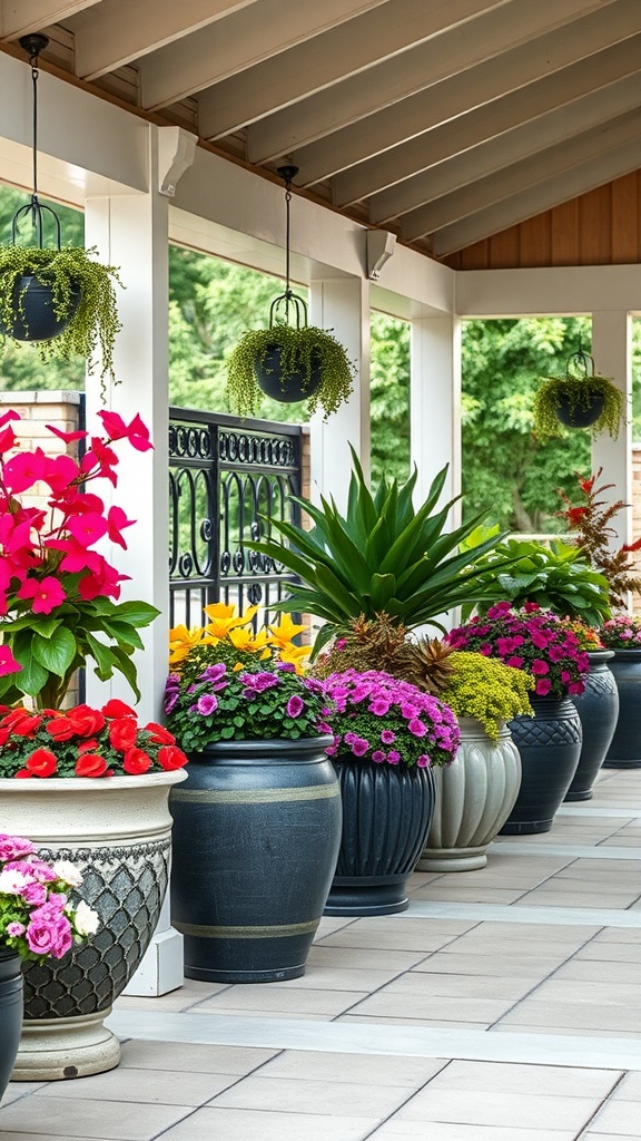 Colorful planters filled with flowers and greenery on a covered patio