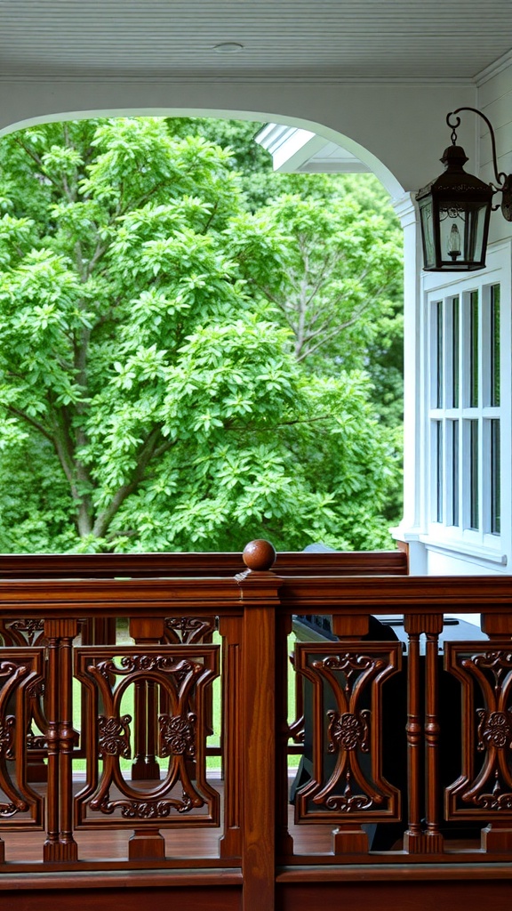 Stylish wooden porch railings with intricate designs and a view of green trees in the background.