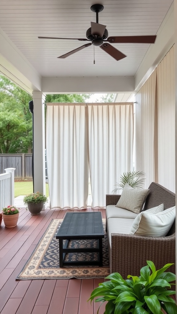 Cozy back porch with privacy curtains, comfortable seating, and potted plants.