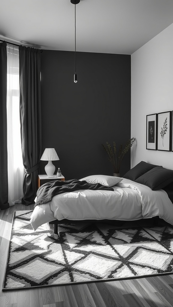 A stylish black and white geometric rug in a modern bedroom with a bed, lamp, and curtains.