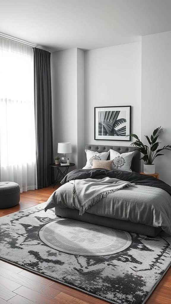 A stylish grey and black bedroom featuring a circular patterned rug, a cozy bed with grey bedding, and a modern nightstand.