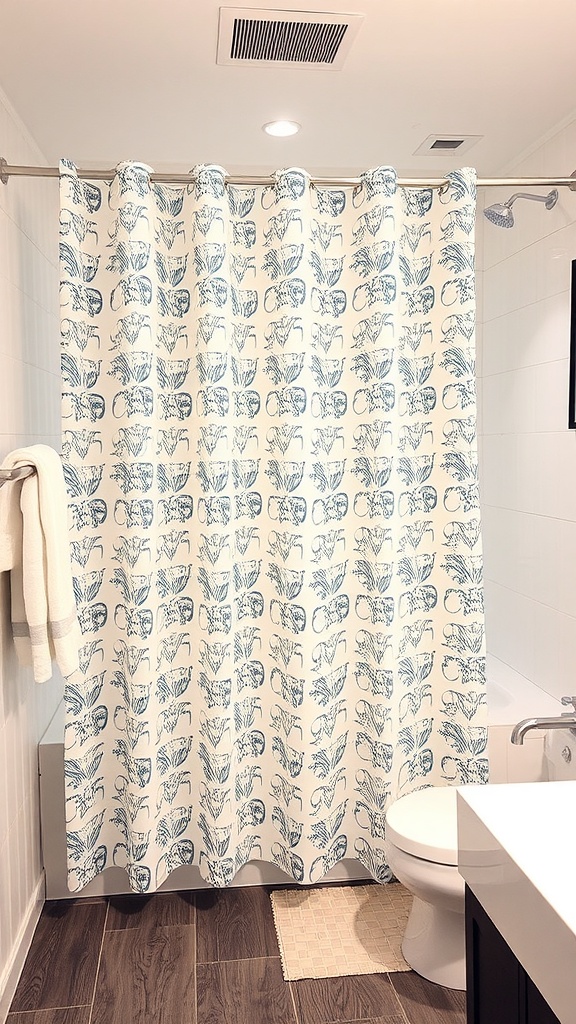 Bathroom with a stylish shower curtain featuring a botanical print in blue tones.