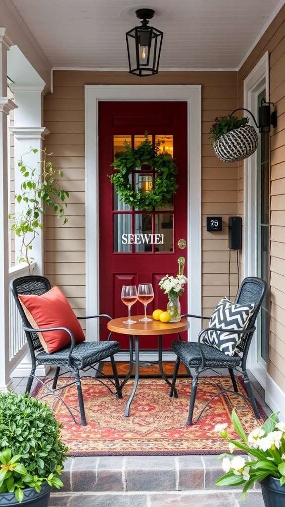 Cozy porch setup with two chairs and a round table, featuring flowers and glasses.