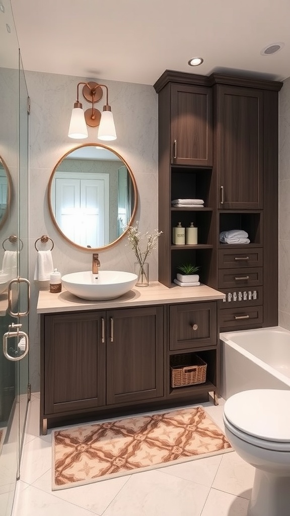 Modern bathroom with stylish storage solutions, featuring a dark wood vanity, round mirror, and elegant sconces.