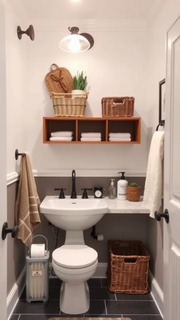 A modern guest bathroom featuring stylish storage solutions with wicker baskets and open shelves.