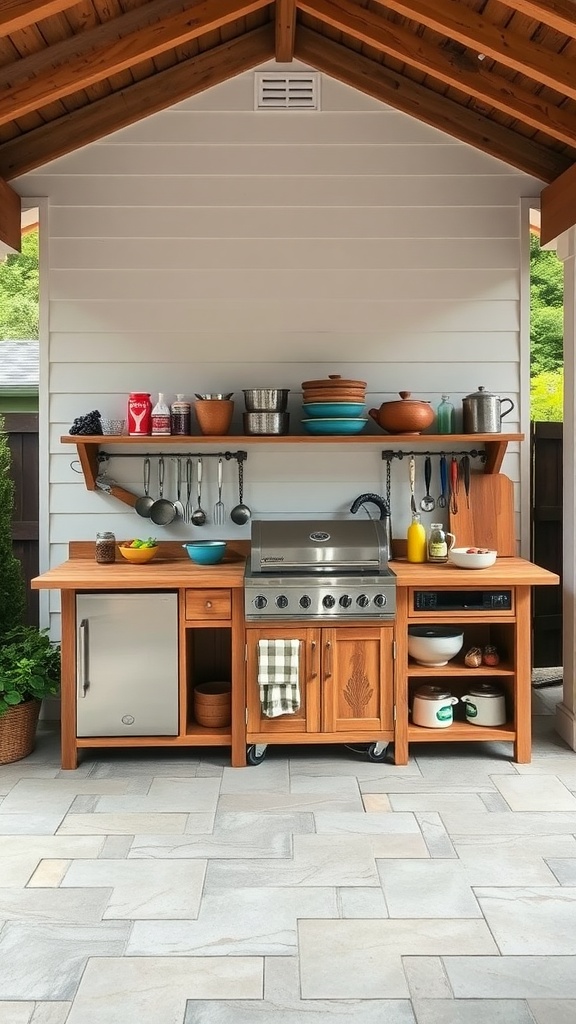 Outdoor kitchen with wooden storage and stainless steel grill