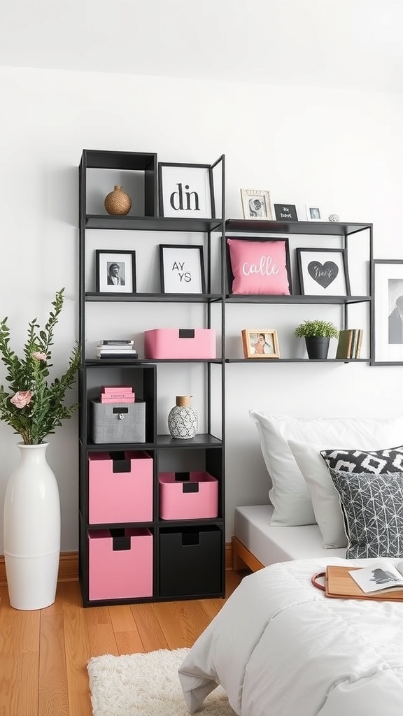 Stylish black shelving unit with pink storage boxes and decorative items in a pink and black bedroom.