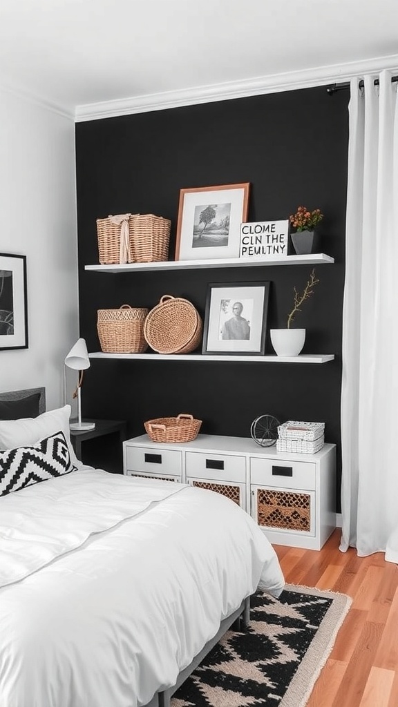 A stylish black and white bedroom featuring shelves with baskets and framed art, along with a storage unit.