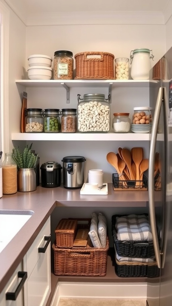 A small cozy kitchen with organized storage solutions, featuring shelves with clear jars, woven baskets, and neatly arranged kitchen tools.