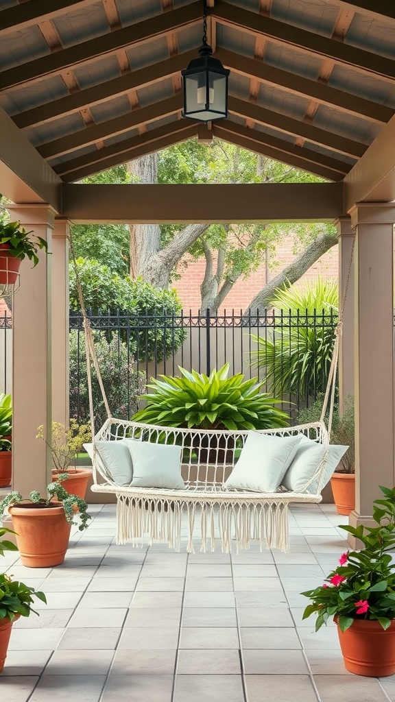 A stylish swing on a covered patio surrounded by potted plants.