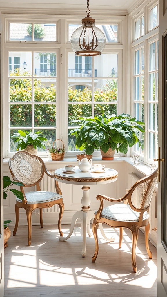 A cozy sunroom with a round table set for tea, surrounded by plants and natural light.
