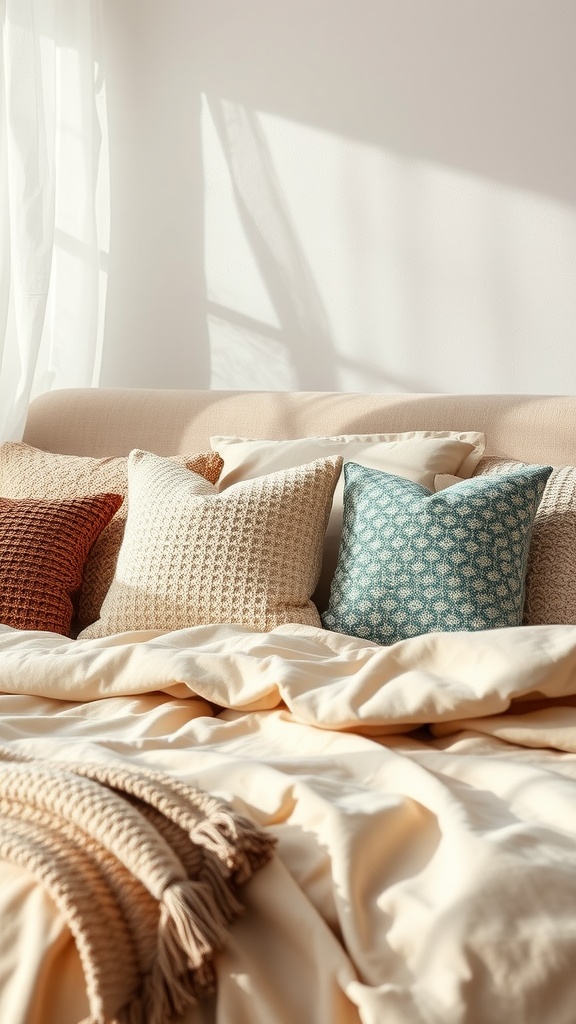 A collection of stylish throw pillows in a beige aesthetic bedroom, featuring a mix of textures and colors.