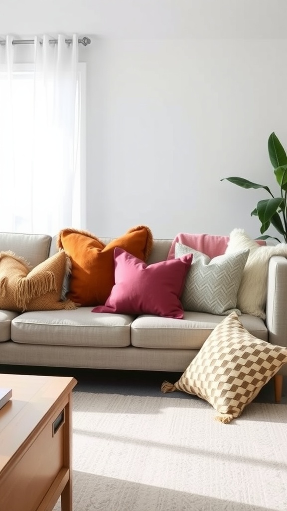 A cozy living room sofa with various stylish throw pillows in warm colors and different textures.