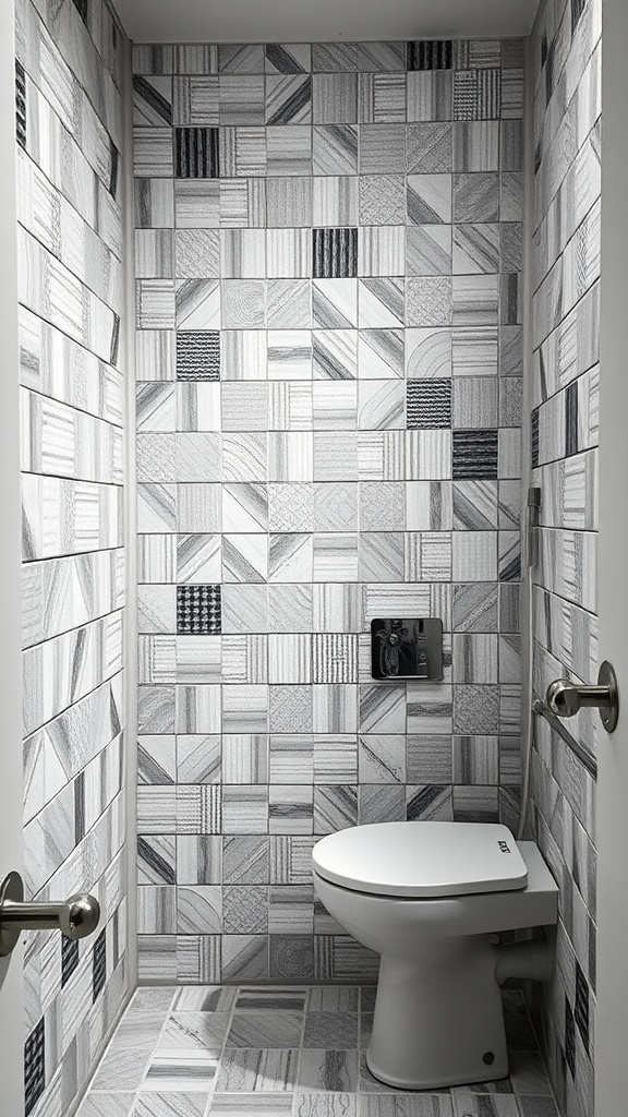 Small bathroom featuring stylish gray patterned tiles on the walls and floor.
