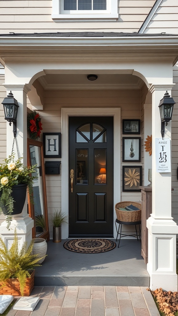 A stylish porch entrance featuring a mix of wall art, including framed artwork and a large mirror, creating an inviting atmosphere.