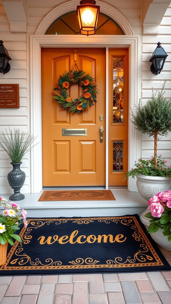 A stylish welcome mat saying 'welcome' placed in front of a cheerful orange door with a wreath and potted plants.