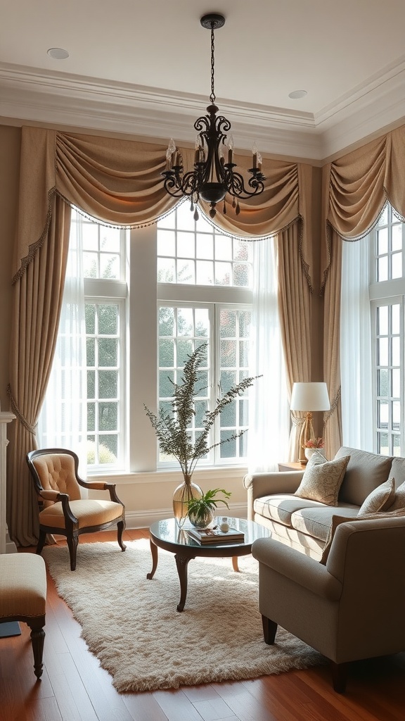 Stylish living room with elegant window treatments, warm wood flooring, and cozy furniture.