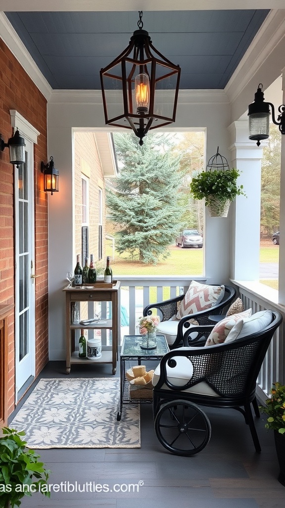 Cozy enclosed porch with wicker chairs, a small table, and decorative lighting