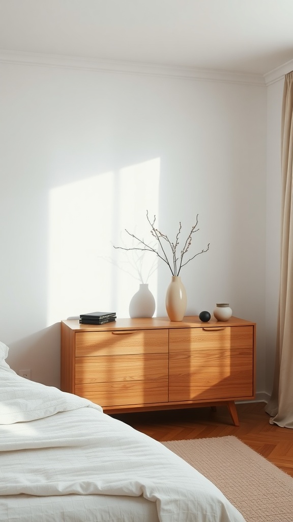 A minimal bedroom featuring a light bedspread, a wooden dresser with vases and books, and natural light coming through a window.
