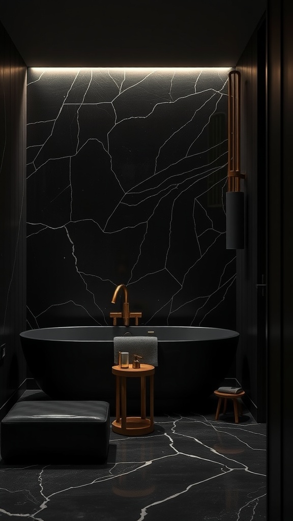 A dark bathroom with a black bathtub, golden faucet, and subtle metallic highlights on walls and decor.