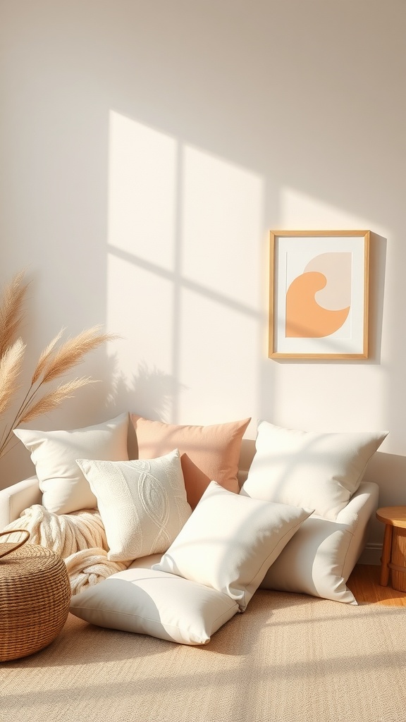 A cozy corner with beige and pastel decor featuring pillows, a woven basket, and a piece of wall art.