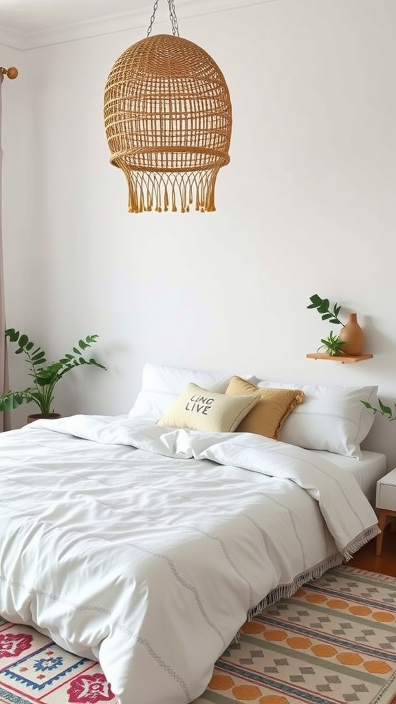 A minimal boho bedroom featuring a neutral wall, subtly patterned bedding, a colorful rug, and a unique hanging light.