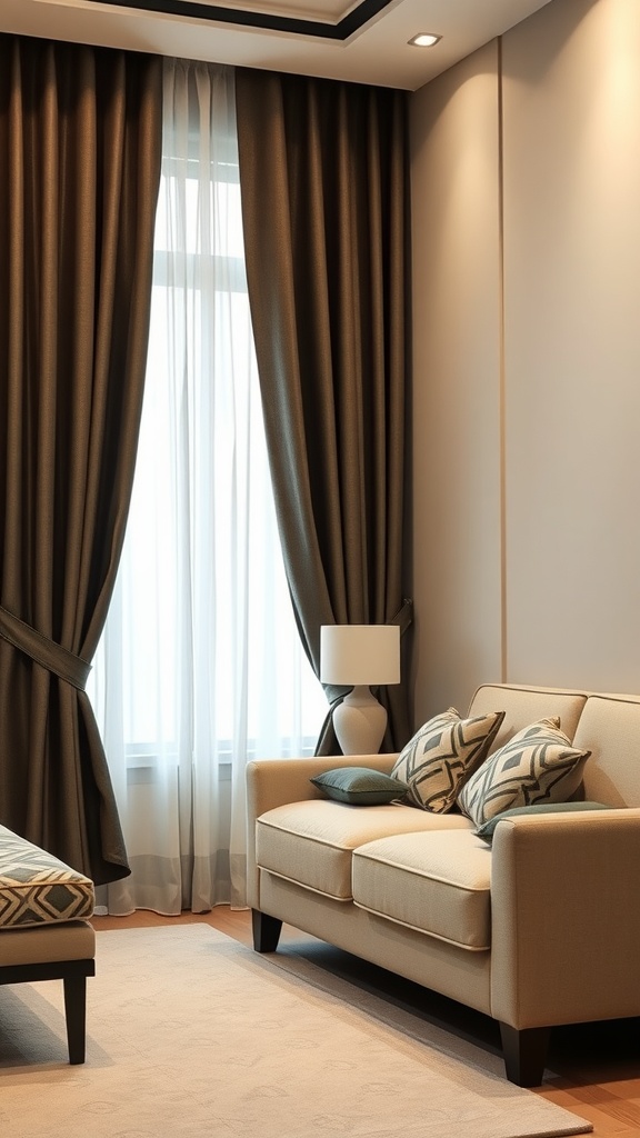 A beige and black bedroom featuring a sofa with patterned cushions and elegant curtains.