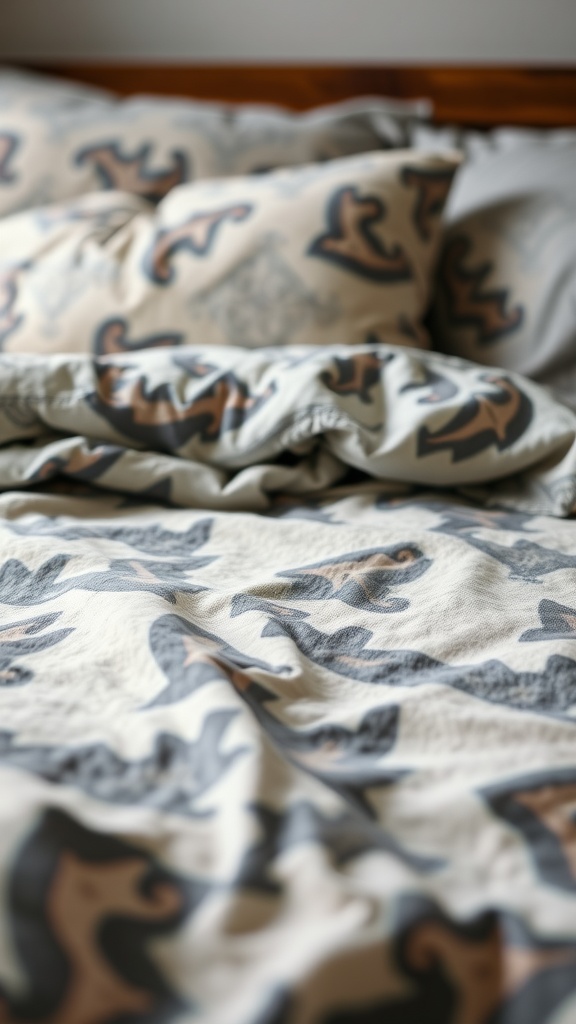 Close-up view of bedding with subtle patterns in gray and beige tones.