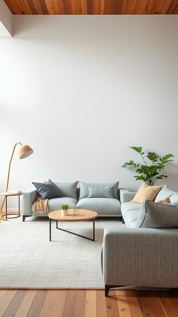 A minimalist living room featuring a light blue sofa, wooden ceiling, and a small indoor plant.