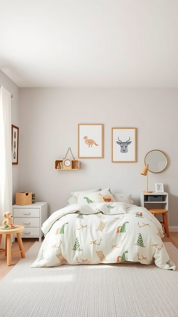 A minimal kids bedroom with soft colors, playful dinosaur duvet cover, and animal-themed wall art.