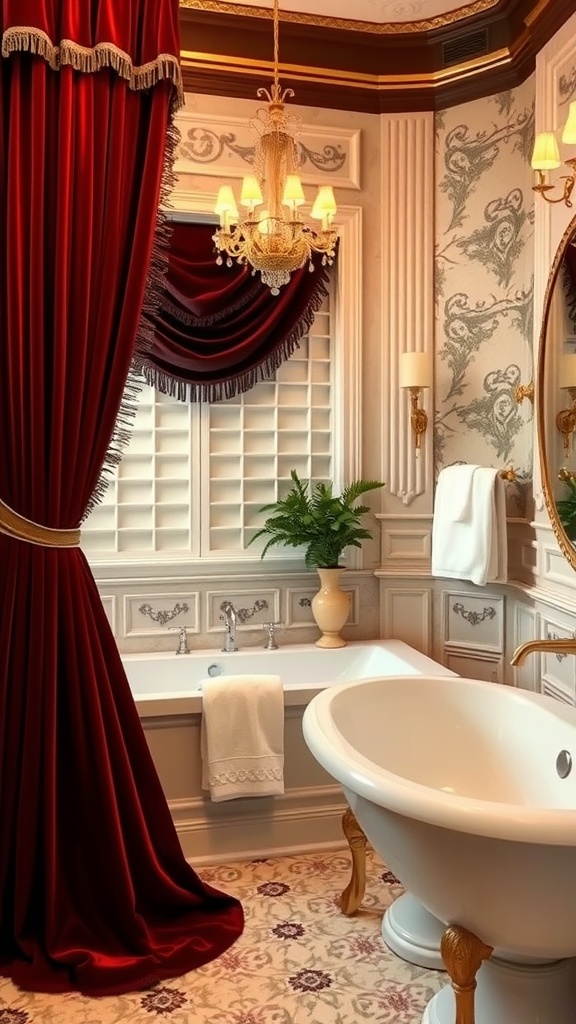 A luxurious bathroom with red velvet drapes, a clawfoot bathtub, and elegant decor.